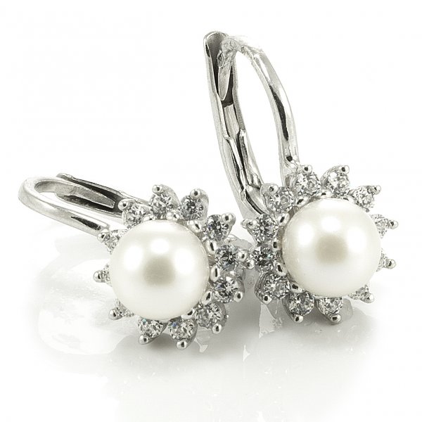 Náušnice z bieleho zlata - Kvetinka  s perlou