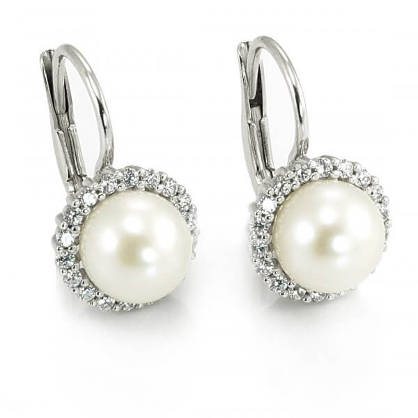 Náušnice z bieleho zlata veľká biela prírodná perla zirkóny dookola 