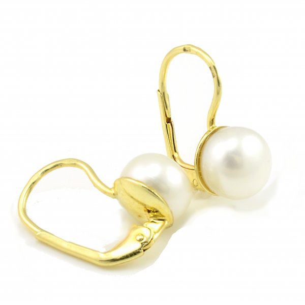 Náušnice zo žltého zlata veľká 8 mm biela prírodná perla 