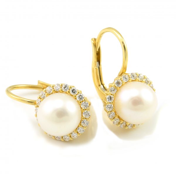 Náušnice zo žltého zlata veľká biela prírodná perla zirkóny dookola 